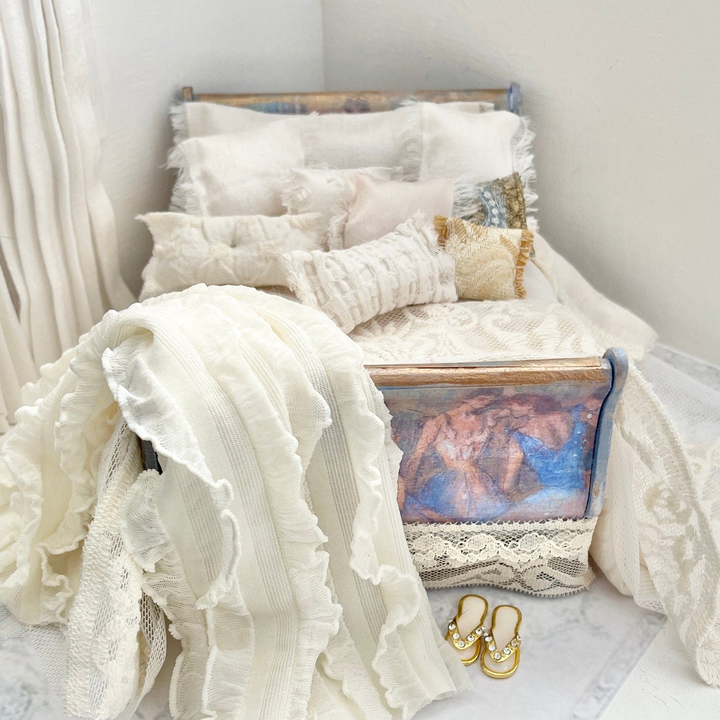 Chantallena Doll House Dressed 1:12 Scale Bed | Ballerina Decoupage Bed with Ivory Silk Bedding Set | Bette