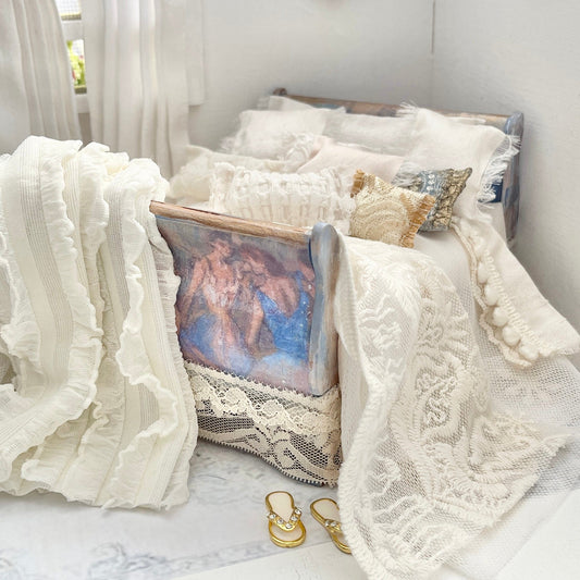 Chantallena Doll House Dressed 1:12 Scale Bed | Ballerina Decoupage Bed with Ivory Silk Bedding Set | Bette