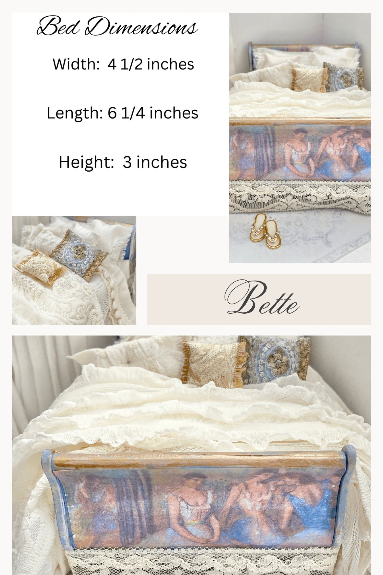 Chantallena Doll House Dressed 1:12 Scale Bed | Ballerina Decoupage Bed with Ivory Silk Bedding Set | Bette