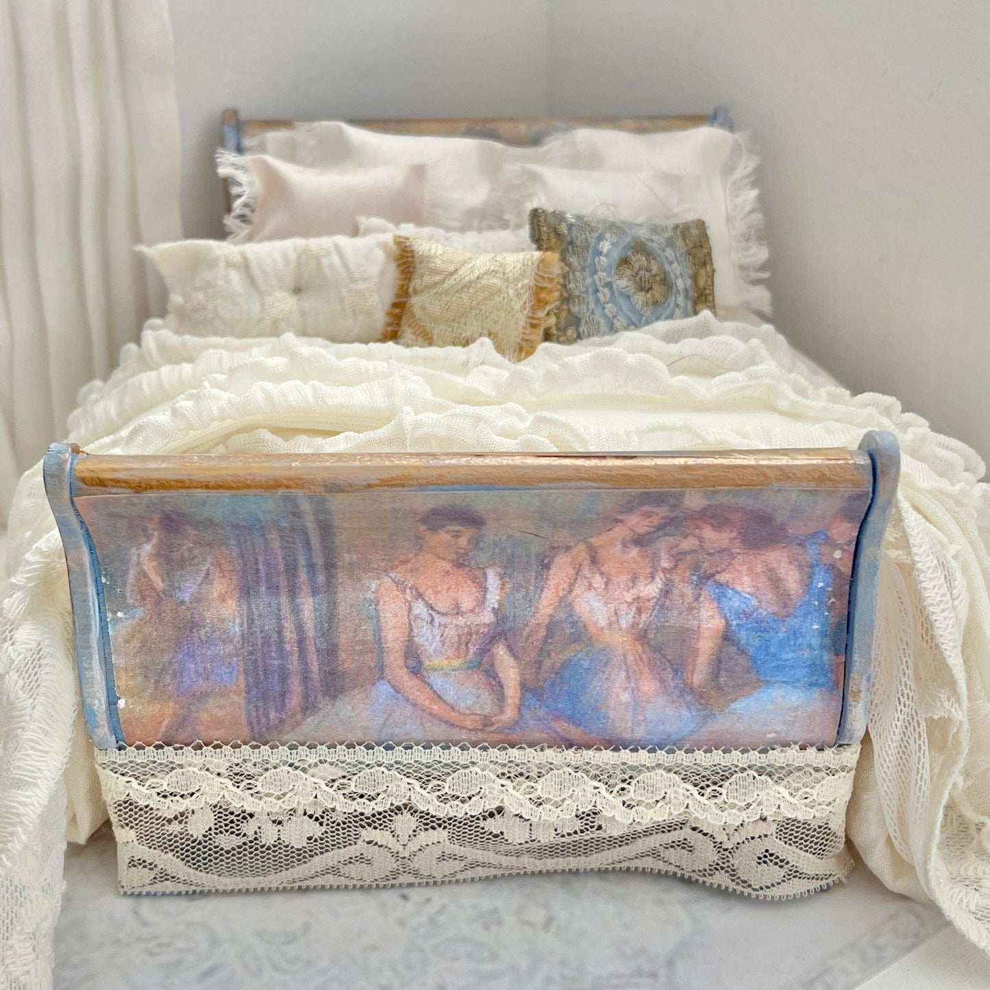 Chantallena Doll House Dressed 1:12 Scale Bed | Ballerina Decoupage Bed with Ivory Silk Bedding Set | Bette