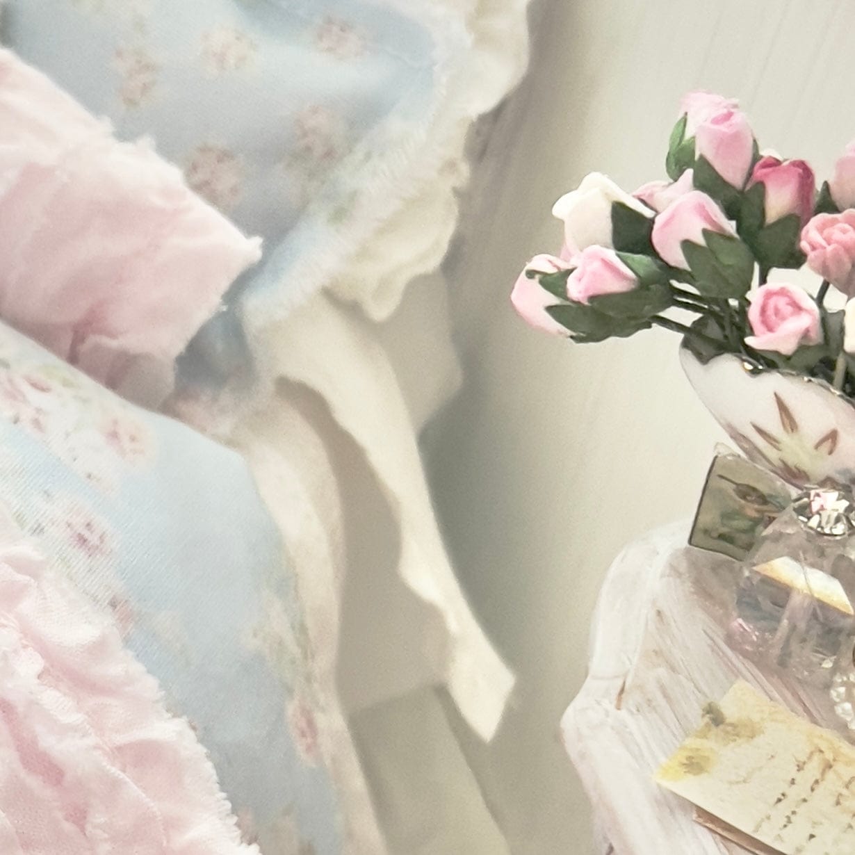 Chantallena Doll House Dressed 1:12 Scale Bed | Blue Floral Bedspread| Blue Meadow