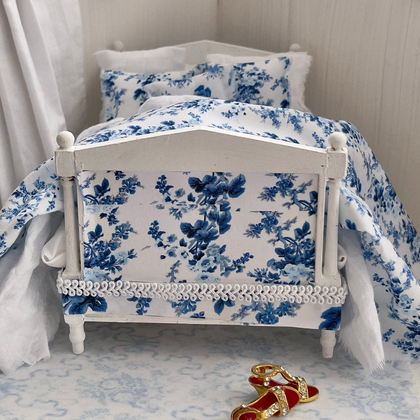 Chantallena Doll House Dressed 1:12 Scale Bed | Decoupaged with French Blue Floral Print Bedspread|French Blue