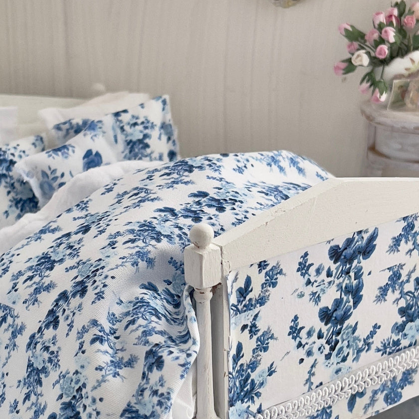 Chantallena Doll House Dressed 1:12 Scale Bed | Decoupaged with French Blue Floral Print Bedspread|French Blue