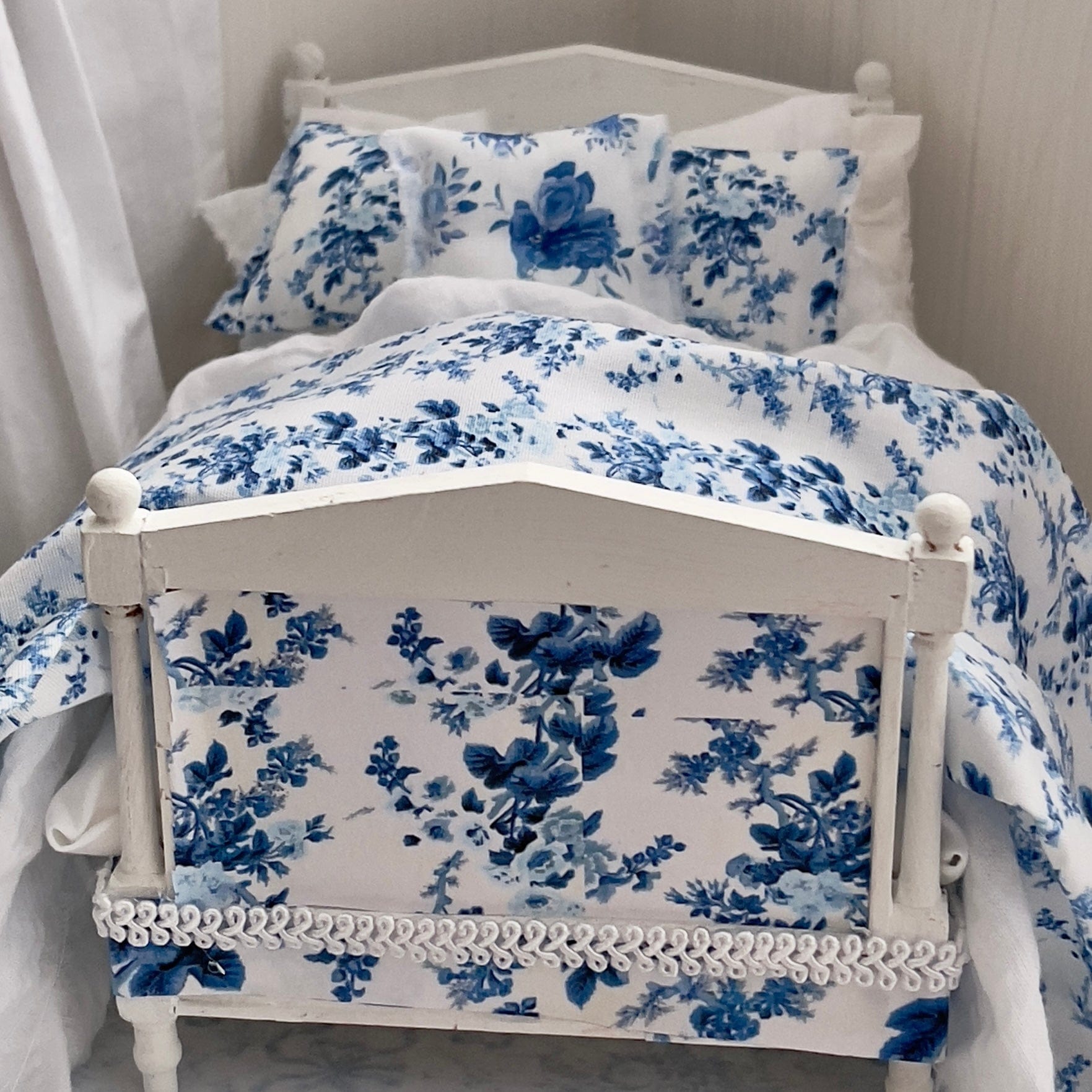 Chantallena Doll House Dressed 1:12 Scale Bed | Decoupaged with French Blue Floral Print Bedspread|French Blue