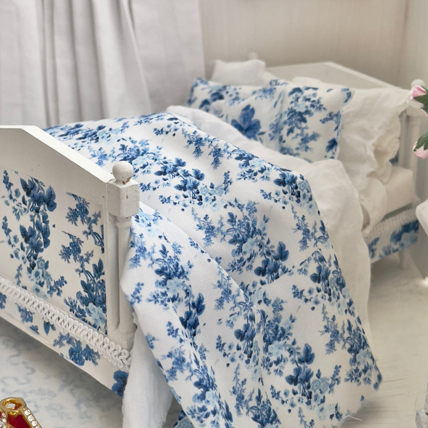 Chantallena Doll House Dressed 1:12 Scale Bed | Decoupaged with French Blue Floral Print Bedspread|French Blue