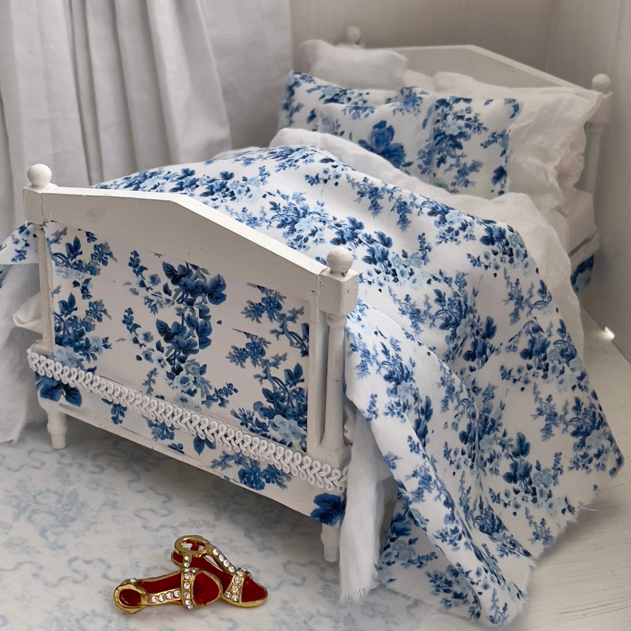 Chantallena Doll House Dressed 1:12 Scale Bed | Decoupaged with French Blue Floral Print Bedspread|French Blue