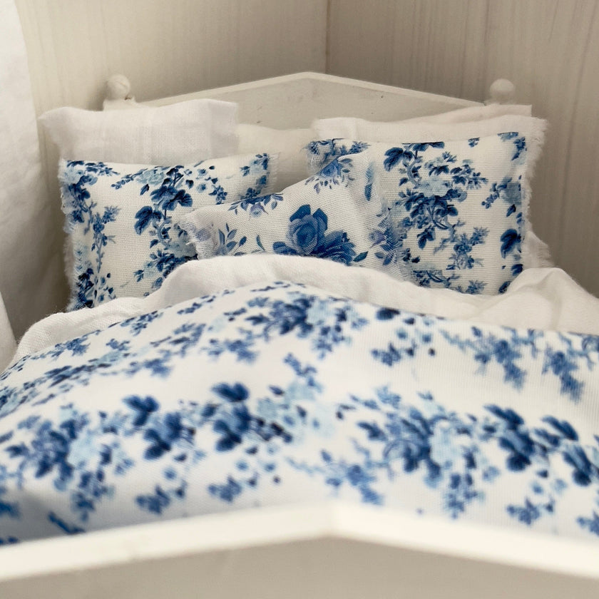 Chantallena Doll House Dressed 1:12 Scale Bed | Decoupaged with French Blue Floral Print Bedspread|French Blue