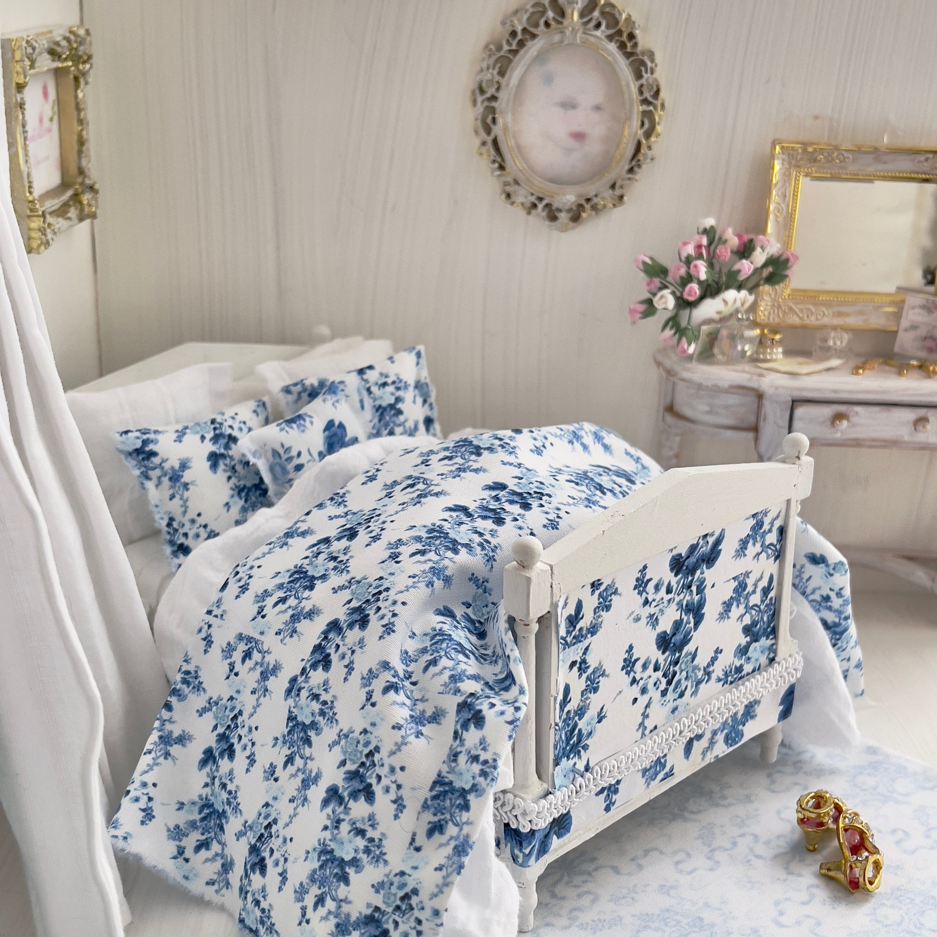 Chantallena Doll House Dressed 1:12 Scale Bed | Decoupaged with French Blue Floral Print Bedspread|French Blue