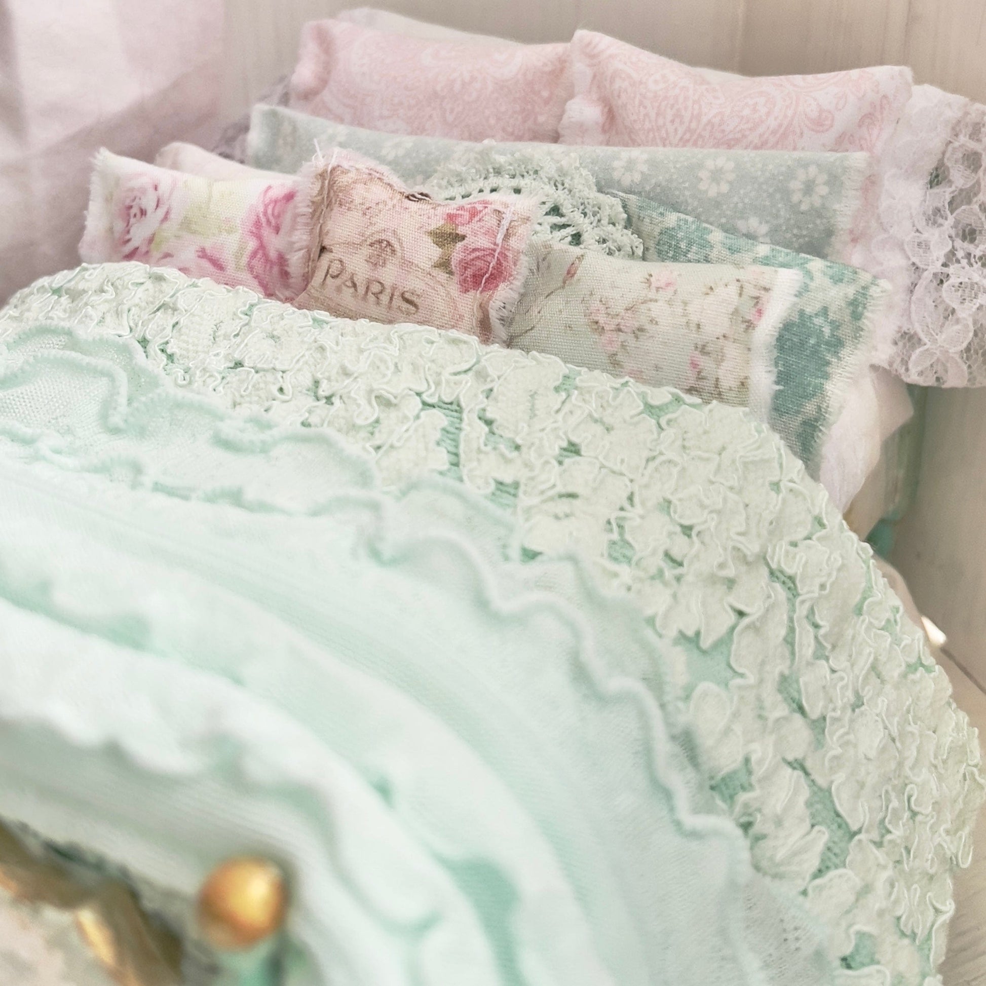 Chantallena Doll House Dressed 1:12 Scale Bed | Decoupaged with Mint Green Ruffled Throw Bedspreads| Paris Mint