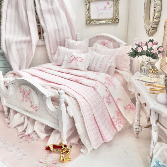 Chantallena Doll House Dressed 1:12 Scale Bed | Decoupaged with Vintage Chenille Bedspreads| Touch of Laura