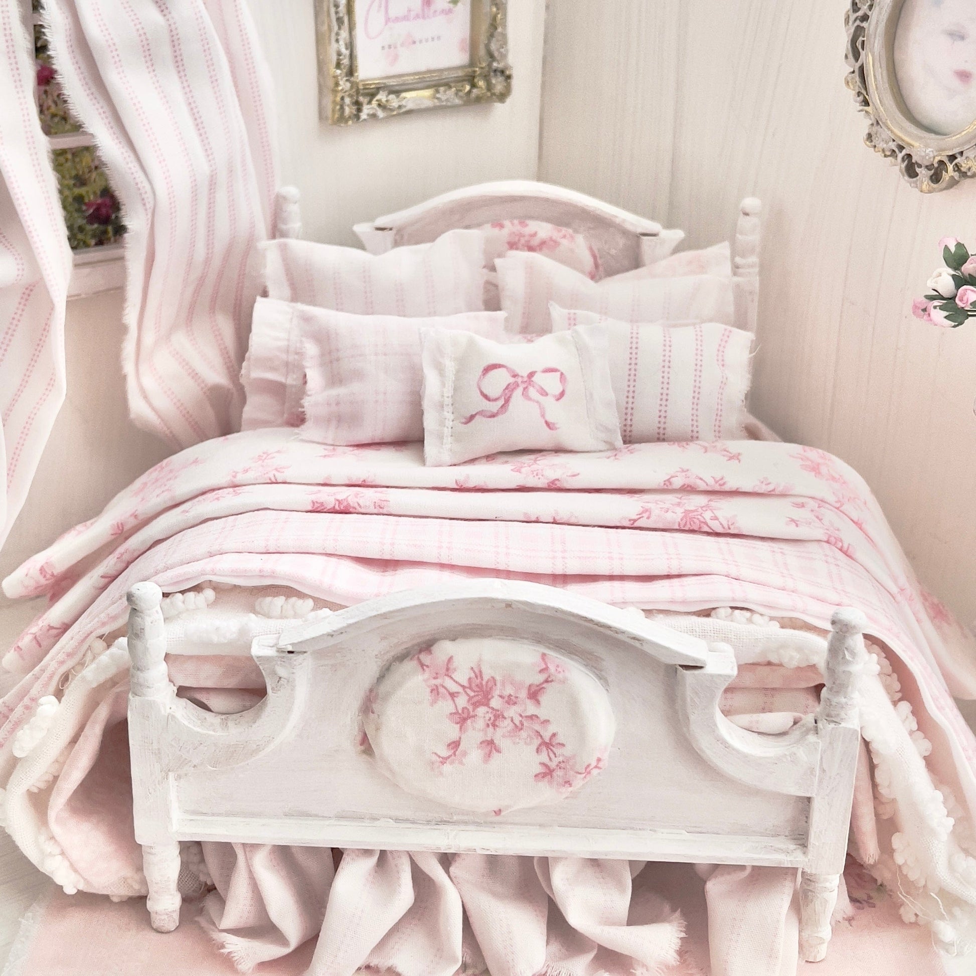 Chantallena Doll House Dressed 1:12 Scale Bed | Decoupaged with Vintage Chenille Bedspreads| Touch of Laura