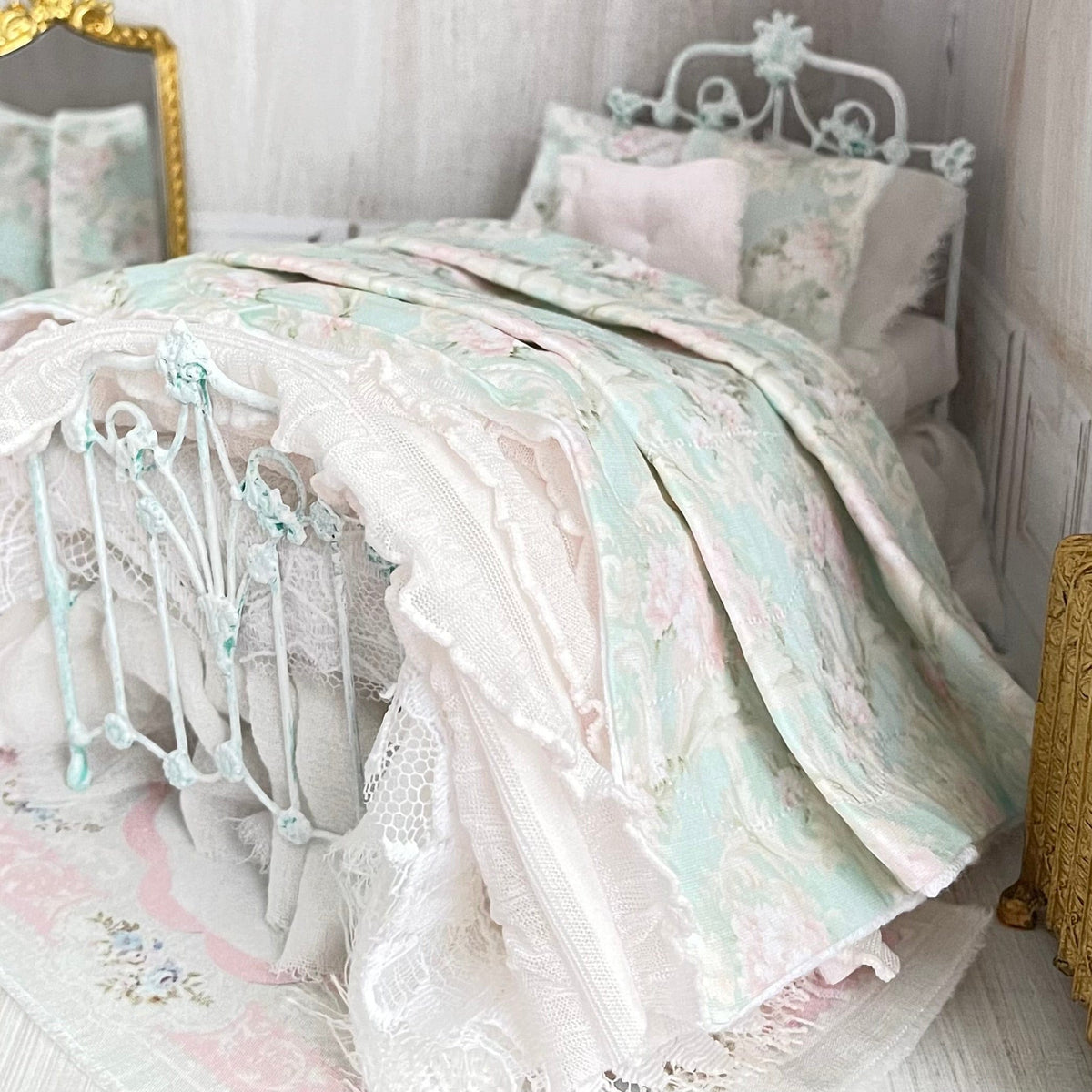 Chantallena Doll House Dressed 1:12 Scale Bed | Mint, Pink and White Damask with Pink Ruffled Throw| Springtime