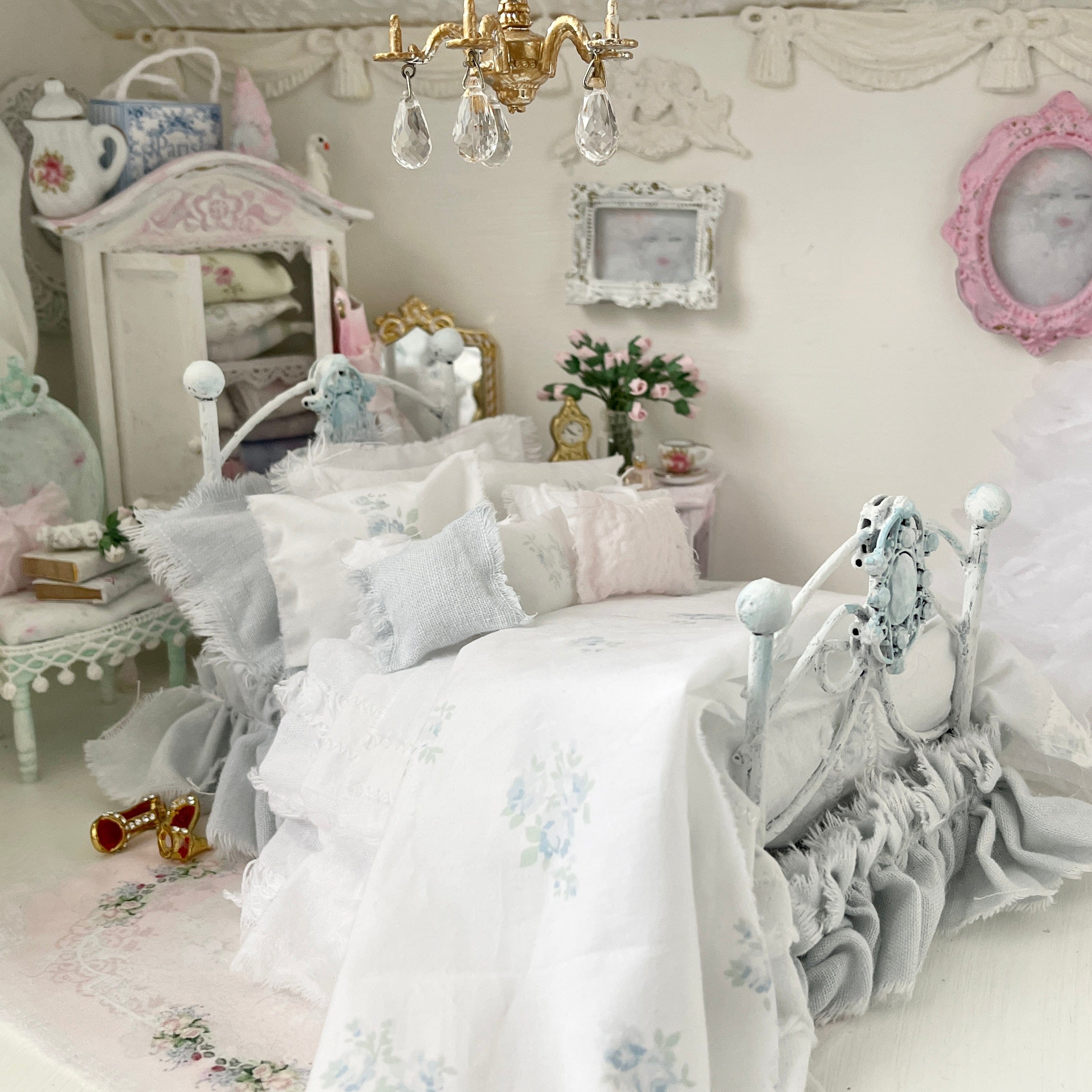 Chantallena Doll House Dressed 1:12 Scale Bed | Pale Blue and White Linen/ Cotton with Blue Roses| Blue Rose Fringe