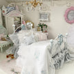 Chantallena Doll House Dressed 1:12 Scale Bed | Pale Blue and White Linen/ Cotton with Blue Roses| Blue Rose Fringe