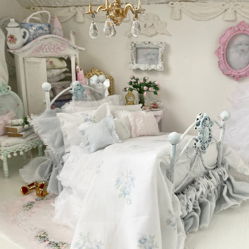 Chantallena Doll House Dressed 1:12 Scale Bed | Pale Blue and White Linen/ Cotton with Blue Roses| Blue Rose Fringe
