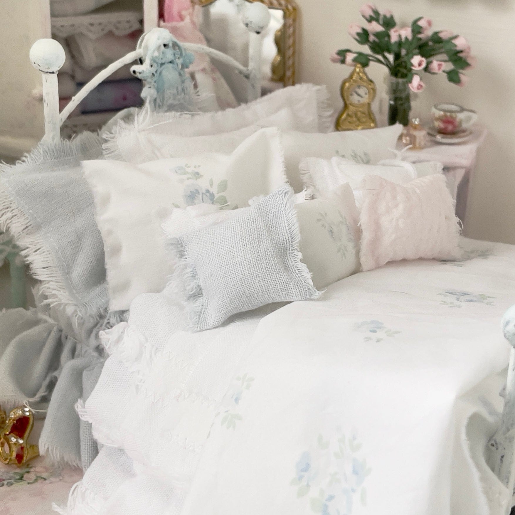 Chantallena Doll House Dressed 1:12 Scale Bed | Pale Blue and White Linen/ Cotton with Blue Roses| Blue Rose Fringe