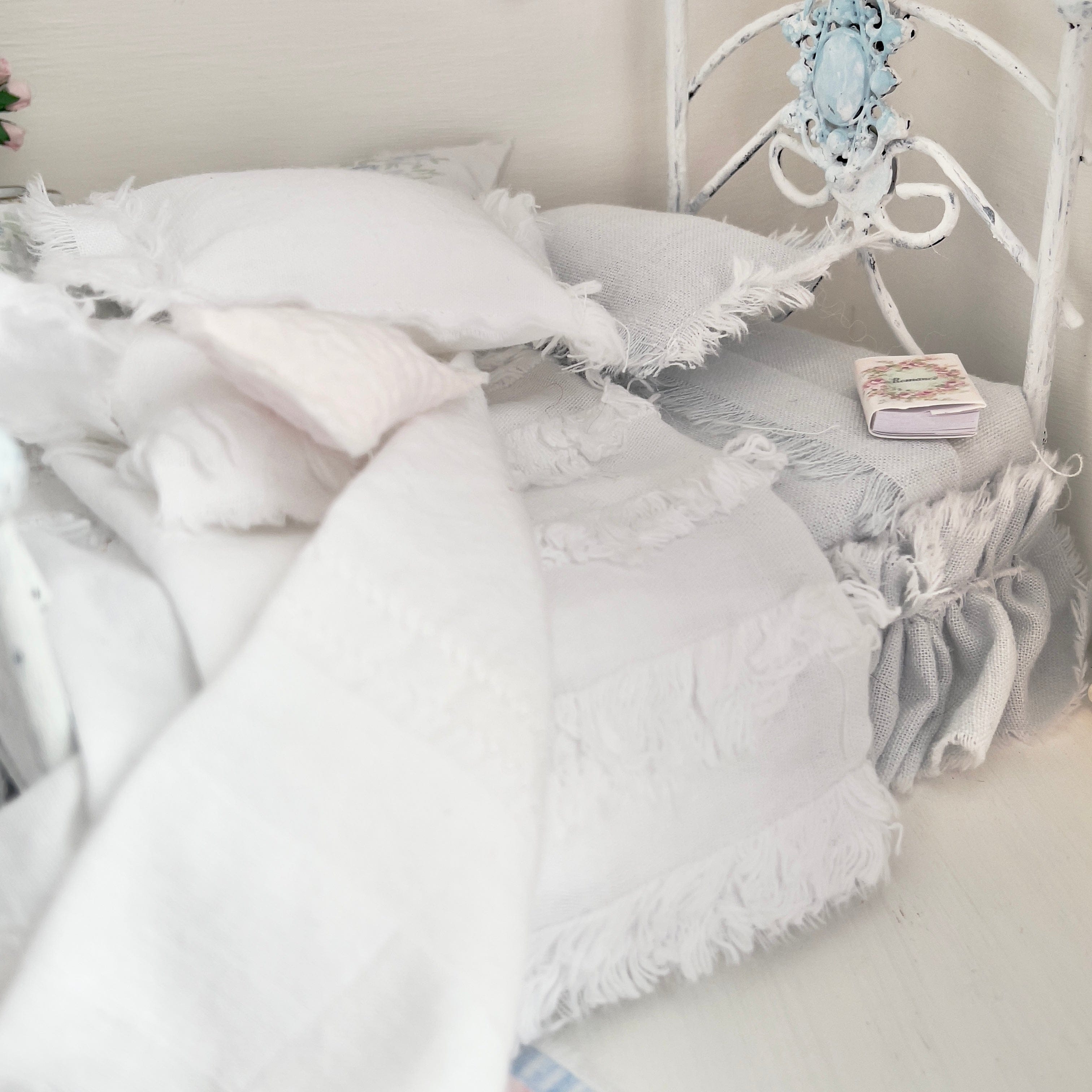 Chantallena Doll House Dressed 1:12 Scale Bed | Pale Blue and White Linen/ Cotton with Blue Roses| Blue Rose Fringe