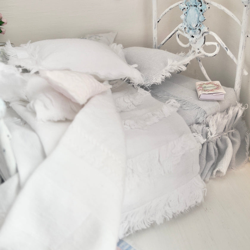 Chantallena Doll House Dressed 1:12 Scale Bed | Pale Blue and White Linen/ Cotton with Blue Roses| Blue Rose Fringe