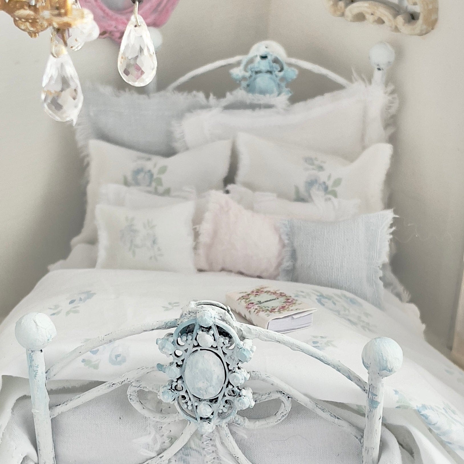 Chantallena Doll House Dressed 1:12 Scale Bed | Pale Blue and White Linen/ Cotton with Blue Roses| Blue Rose Fringe