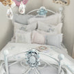 Chantallena Doll House Dressed 1:12 Scale Bed | Pale Blue and White Linen/ Cotton with Blue Roses| Blue Rose Fringe
