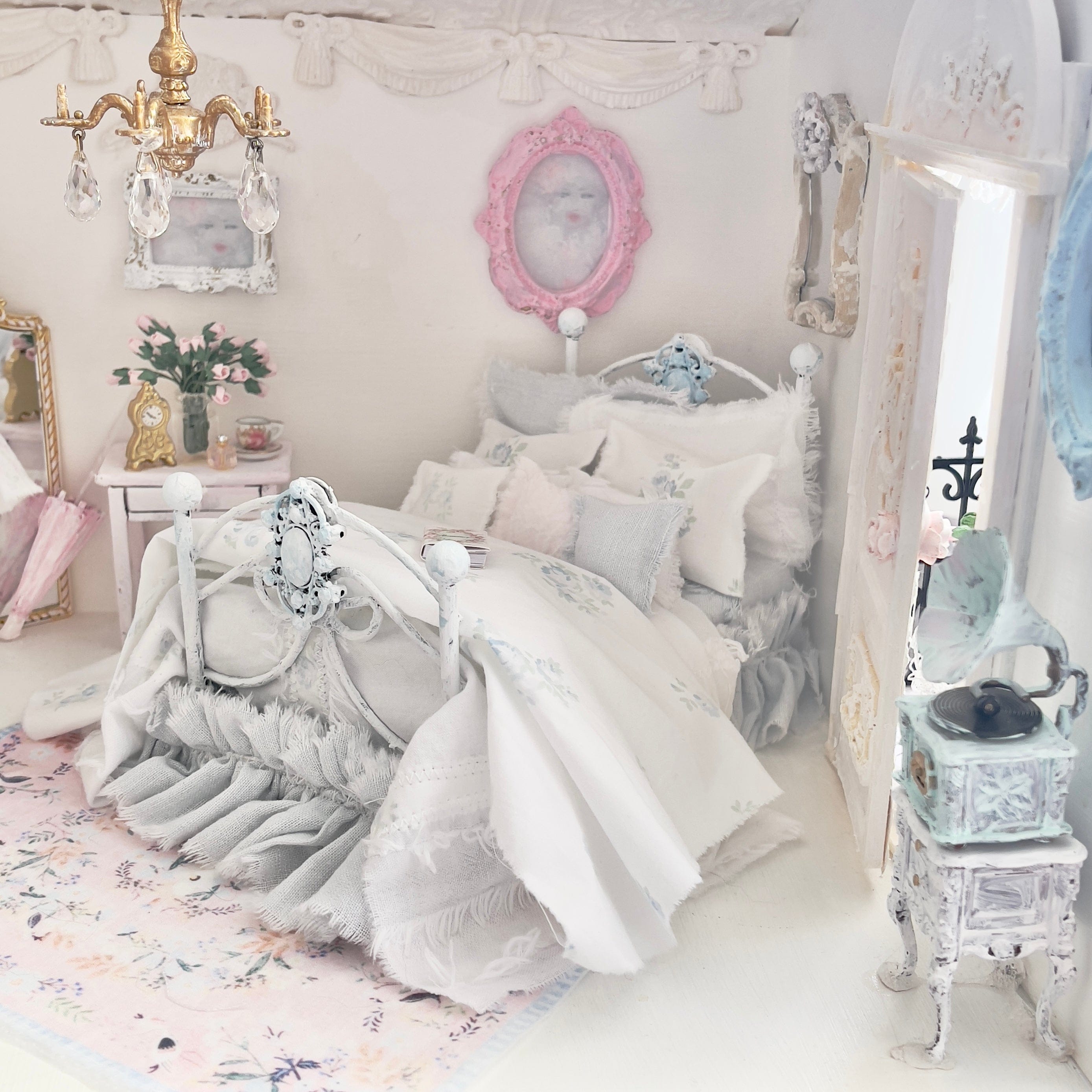 Chantallena Doll House Dressed 1:12 Scale Bed | Pale Blue and White Linen/ Cotton with Blue Roses| Blue Rose Fringe
