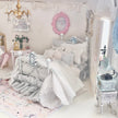 Chantallena Doll House Dressed 1:12 Scale Bed | Pale Blue and White Linen/ Cotton with Blue Roses| Blue Rose Fringe