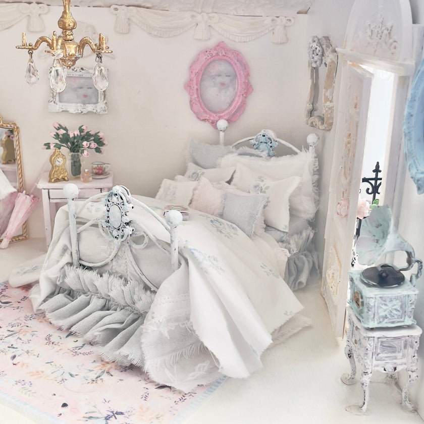 Chantallena Doll House Dressed 1:12 Scale Bed | Pale Blue and White Linen/ Cotton with Blue Roses| Blue Rose Fringe