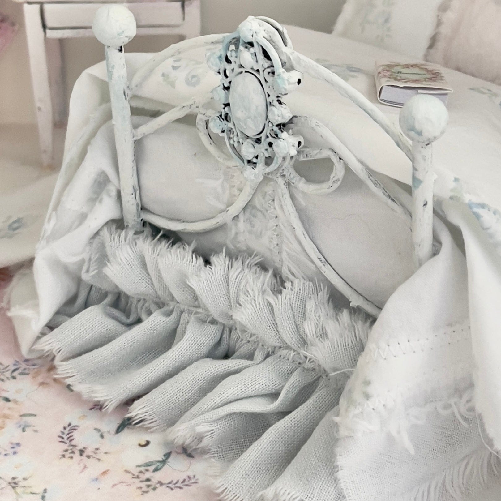 Chantallena Doll House Dressed 1:12 Scale Bed | Pale Blue and White Linen/ Cotton with Blue Roses| Blue Rose Fringe
