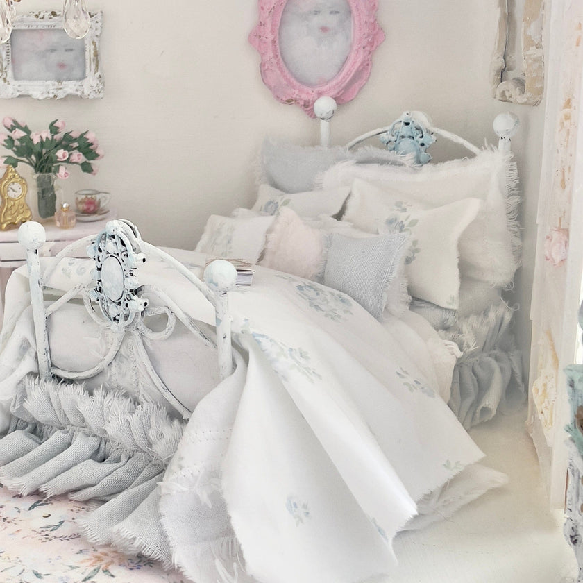 Chantallena Doll House Dressed 1:12 Scale Bed | Pale Blue and White Linen/ Cotton with Blue Roses| Blue Rose Fringe