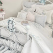Chantallena Doll House Dressed 1:12 Scale Bed | Pale Blue and White Linen/ Cotton with Blue Roses| Blue Rose Fringe