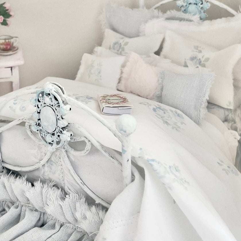 Chantallena Doll House Dressed 1:12 Scale Bed | Pale Blue and White Linen/ Cotton with Blue Roses| Blue Rose Fringe
