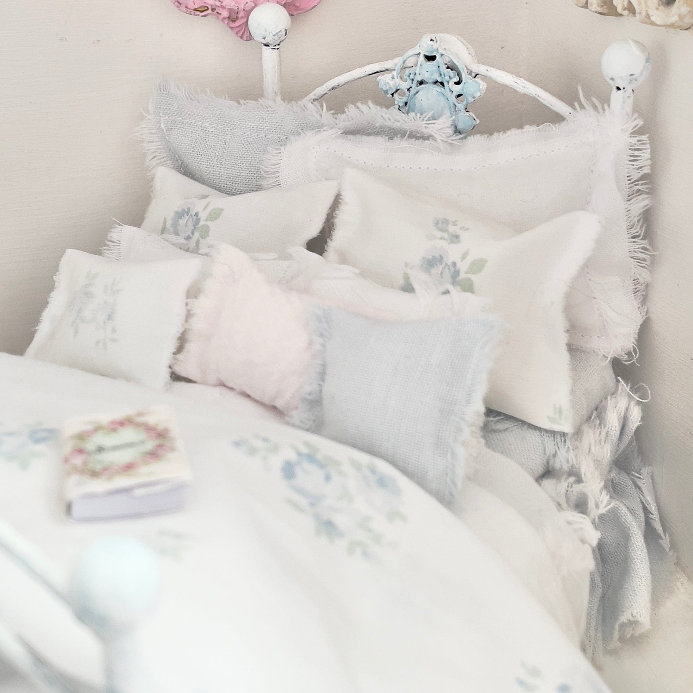 Chantallena Doll House Dressed 1:12 Scale Bed | Pale Blue and White Linen/ Cotton with Blue Roses| Blue Rose Fringe