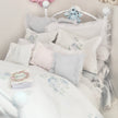 Chantallena Doll House Dressed 1:12 Scale Bed | Pale Blue and White Linen/ Cotton with Blue Roses| Blue Rose Fringe
