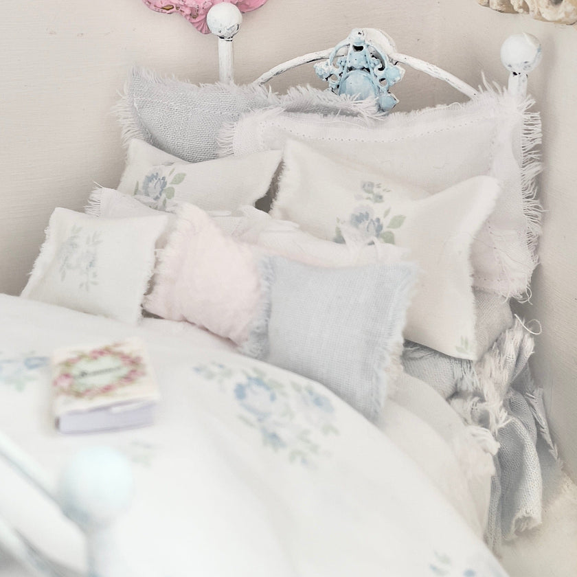 Chantallena Doll House Dressed 1:12 Scale Bed | Pale Blue and White Linen/ Cotton with Blue Roses| Blue Rose Fringe