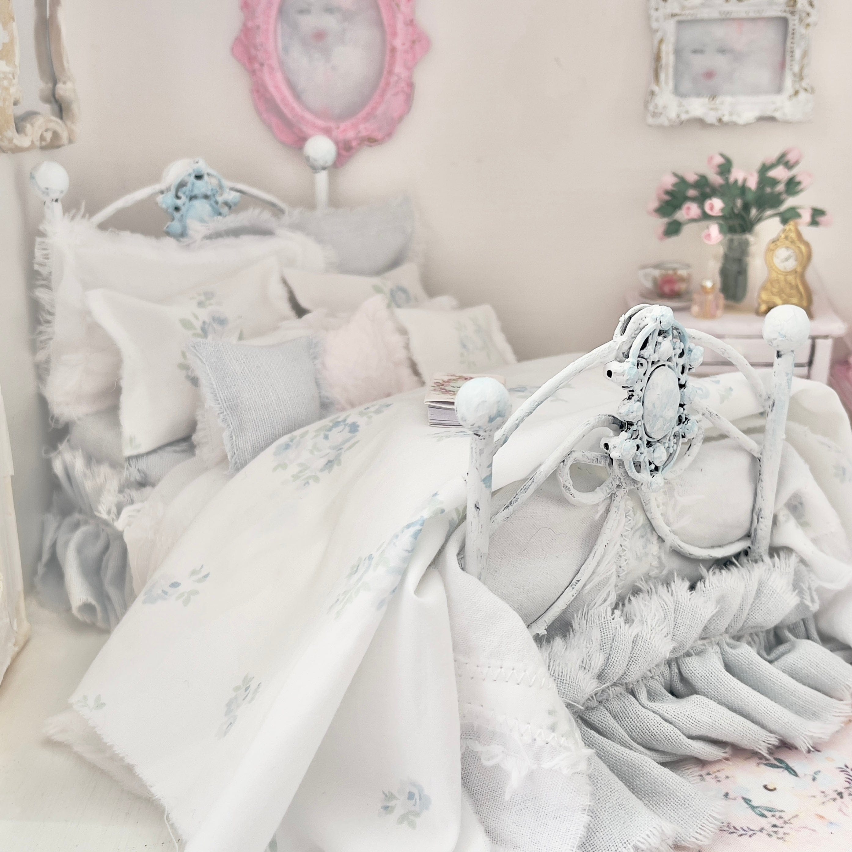 Chantallena Doll House Dressed 1:12 Scale Bed | Pale Blue and White Linen/ Cotton with Blue Roses| Blue Rose Fringe