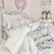 Chantallena Doll House Dressed 1:12 Scale Bed | Pale Blue and White Linen/ Cotton with Blue Roses| Blue Rose Fringe