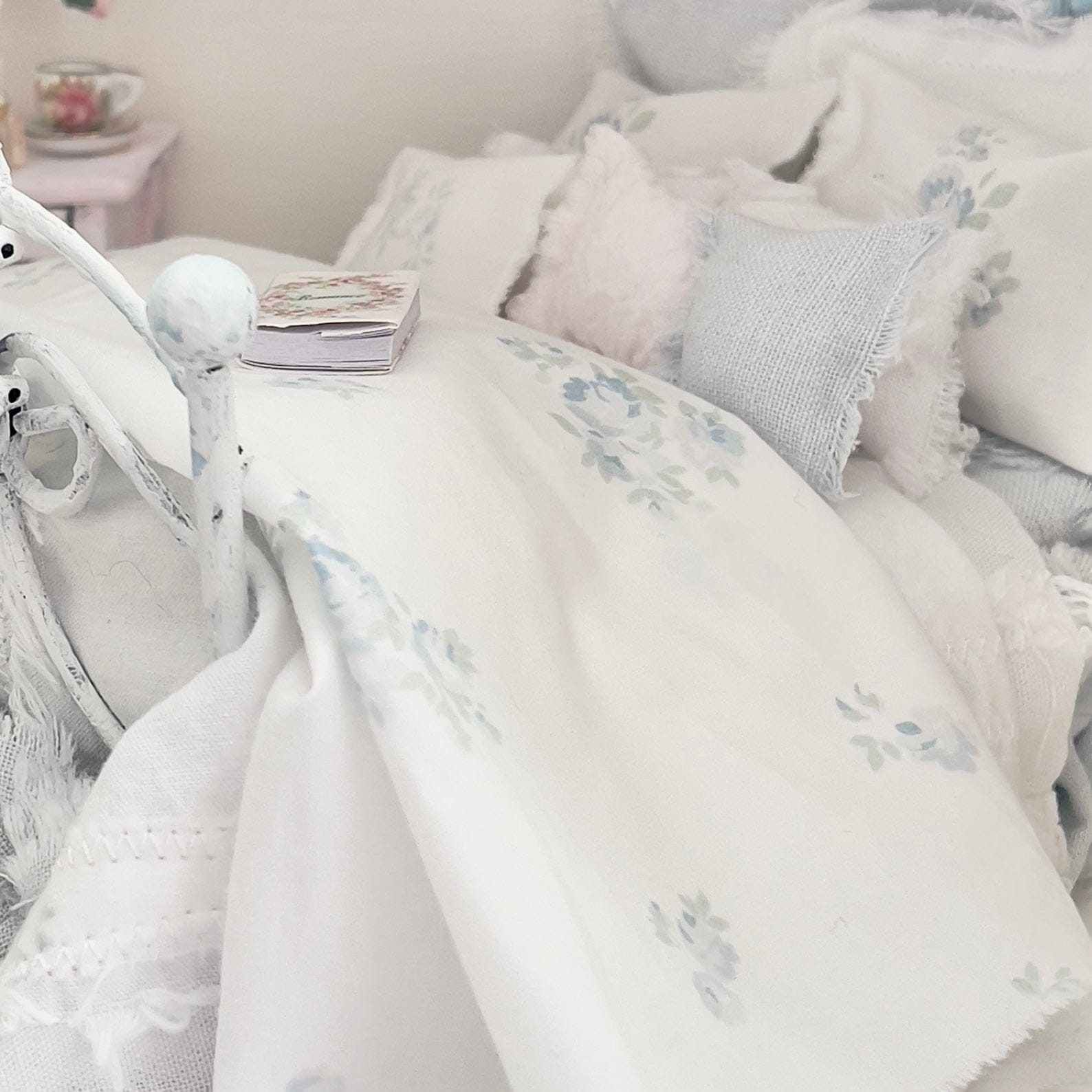 Chantallena Doll House Dressed 1:12 Scale Bed | Pale Blue and White Linen/ Cotton with Blue Roses| Blue Rose Fringe