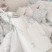 Chantallena Doll House Dressed 1:12 Scale Bed | Pale Blue and White Linen/ Cotton with Blue Roses| Blue Rose Fringe