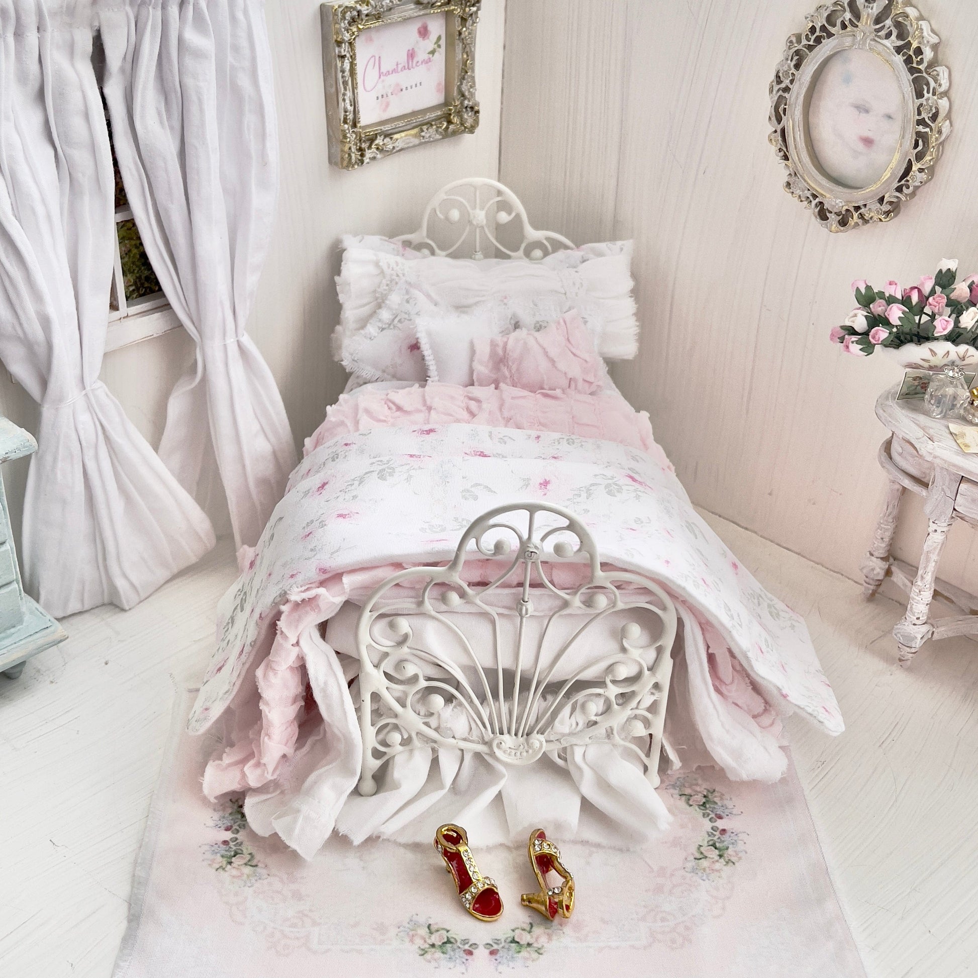 Chantallena Doll House Dressed 1:12 Scale Bed |  Petite Pink and Blue Shabby Bedspread|Petite Lindy 1