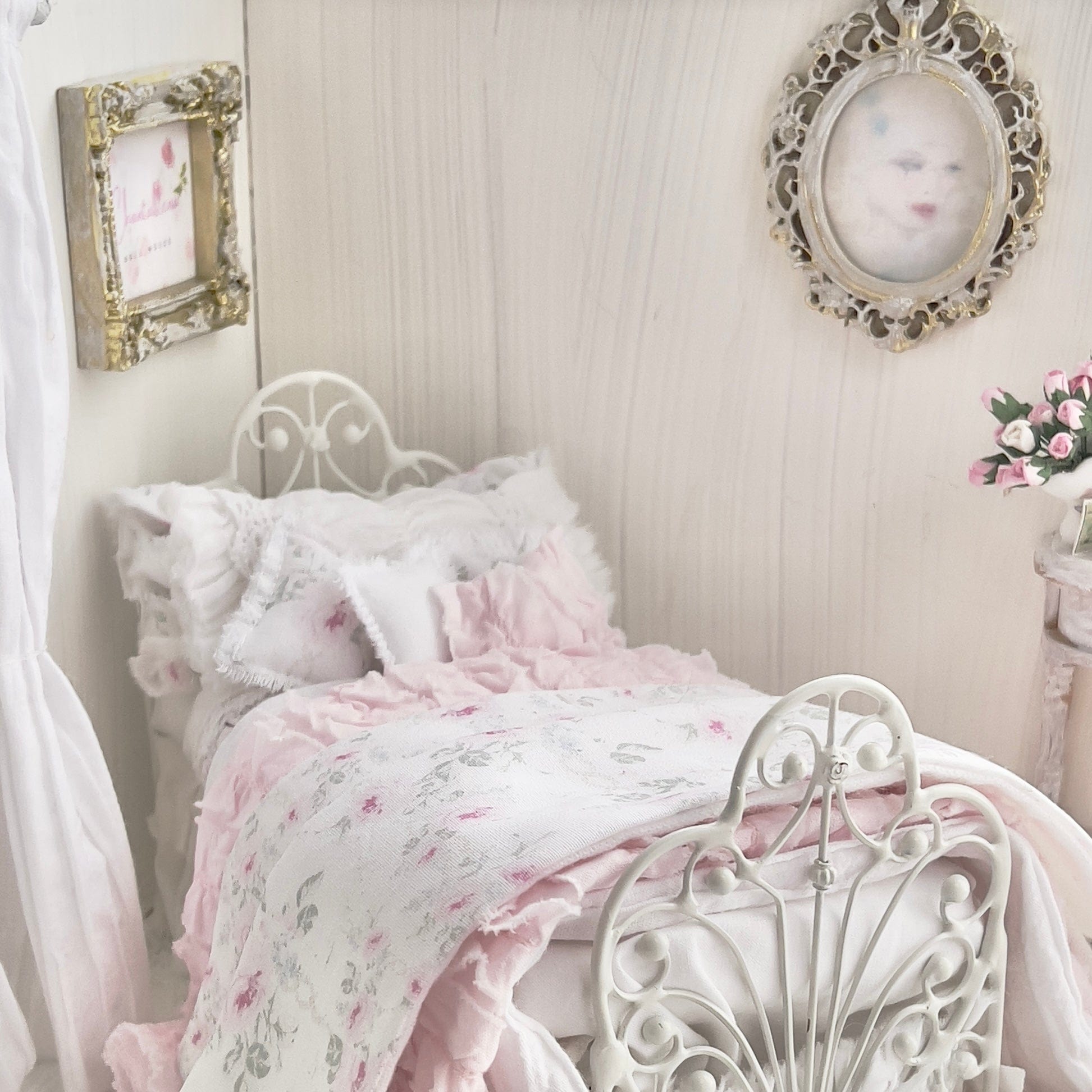 Chantallena Doll House Dressed 1:12 Scale Bed |  Petite Pink and Blue Shabby Bedspread|Petite Lindy 1