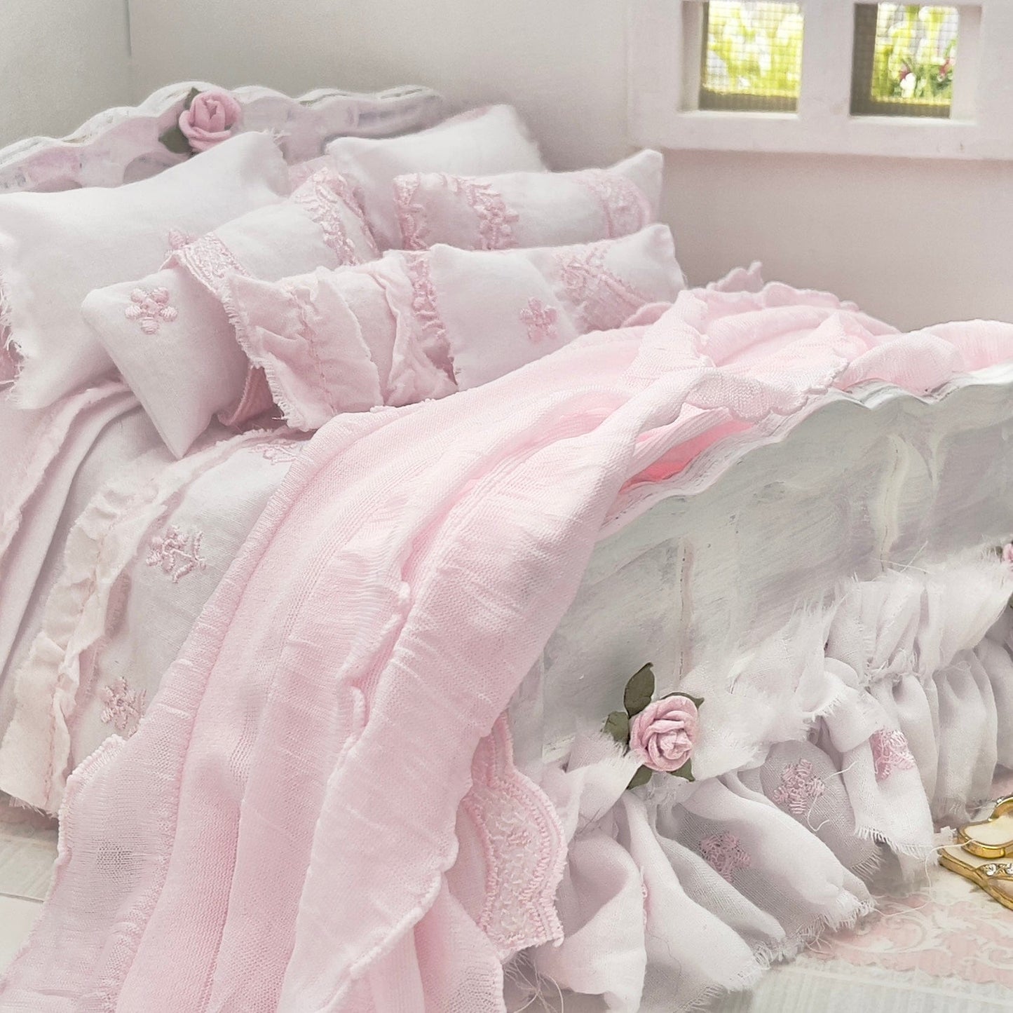 Chantallena Doll House Dressed 1:12 Scale Bed | Pink Wooden Bed with Pink Embroidered Cotton Bedding Set | Cherie