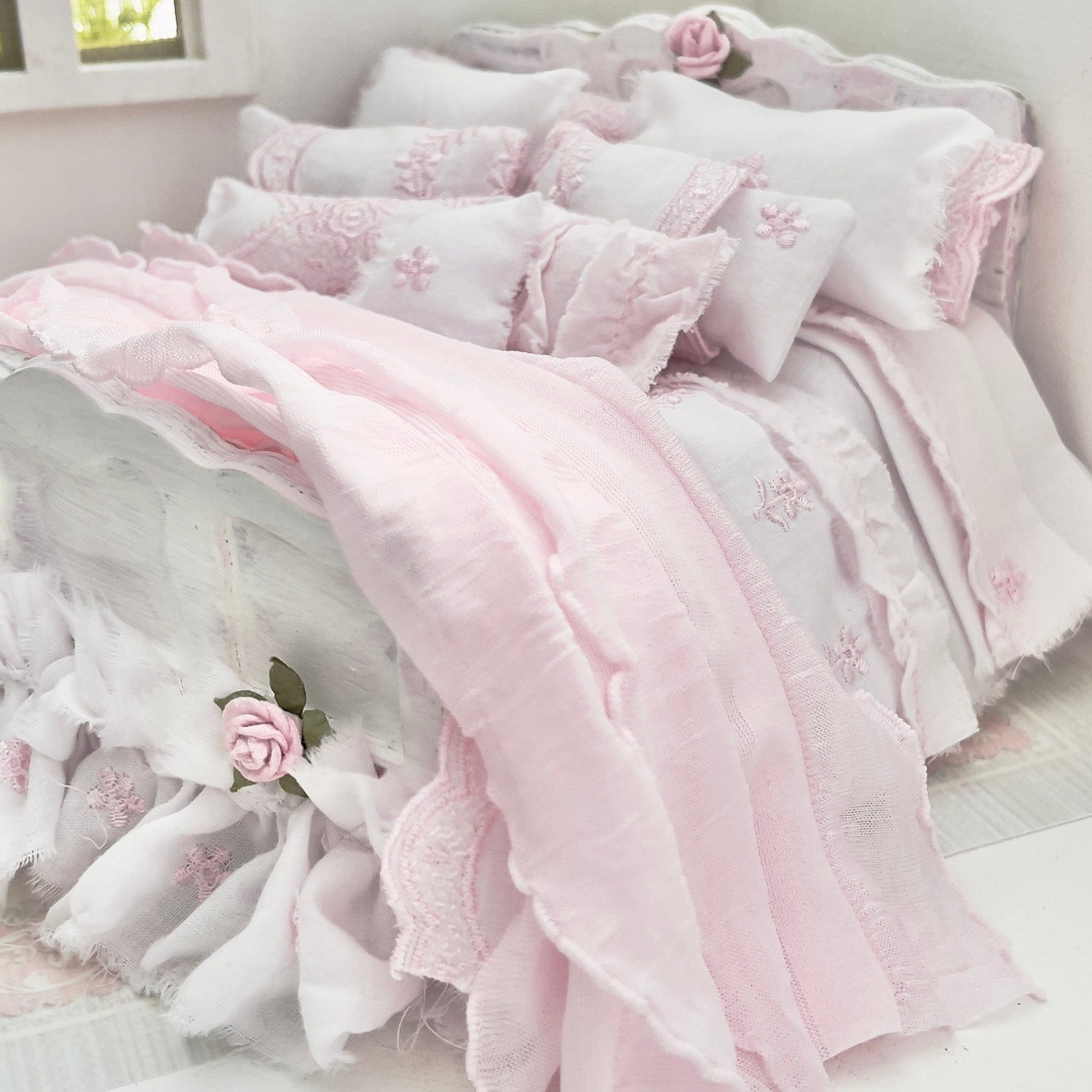 Chantallena Doll House Dressed 1:12 Scale Bed | Pink Wooden Bed with Pink Embroidered Cotton Bedding Set | Cherie