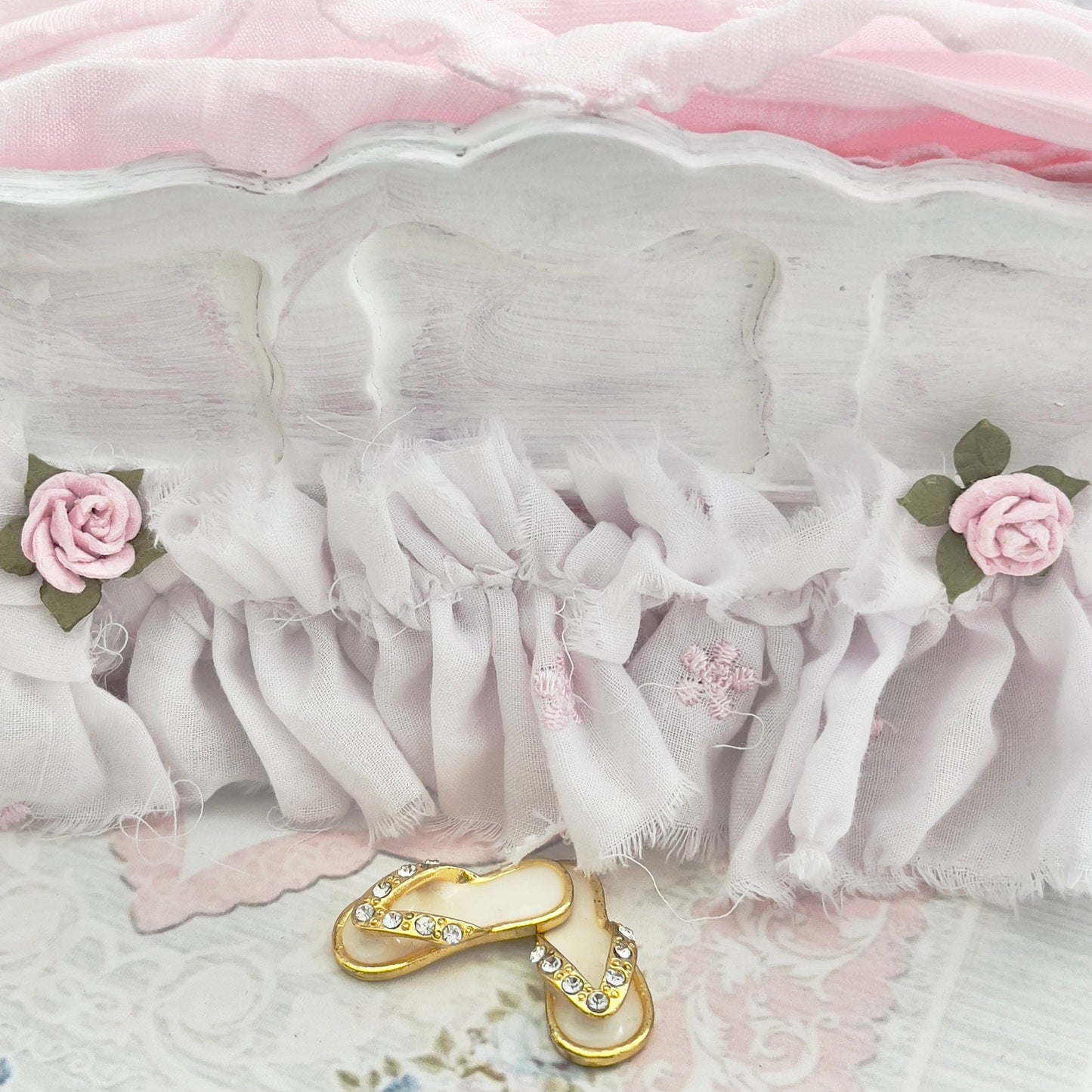 Chantallena Doll House Dressed 1:12 Scale Bed | Pink Wooden Bed with Pink Embroidered Cotton Bedding Set | Cherie