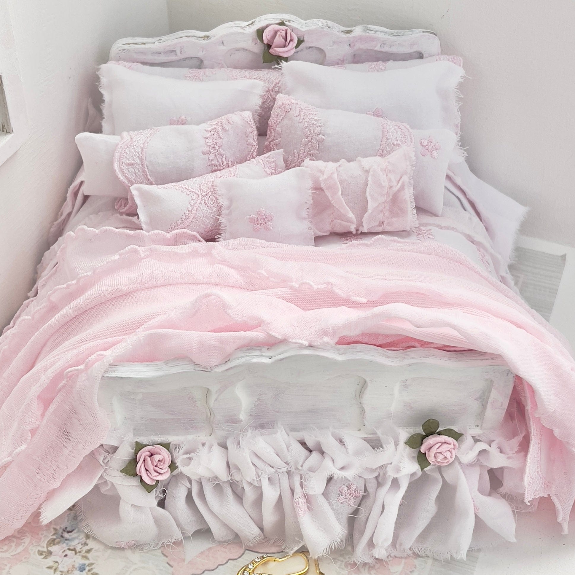 Chantallena Doll House Dressed 1:12 Scale Bed | Pink Wooden Bed with Pink Embroidered Cotton Bedding Set | Cherie