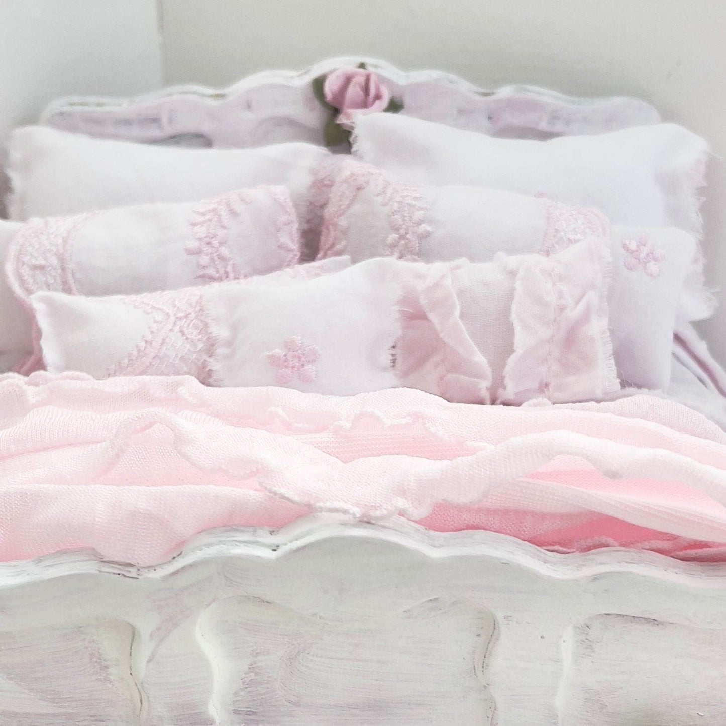 Chantallena Doll House Dressed 1:12 Scale Bed | Pink Wooden Bed with Pink Embroidered Cotton Bedding Set | Cherie