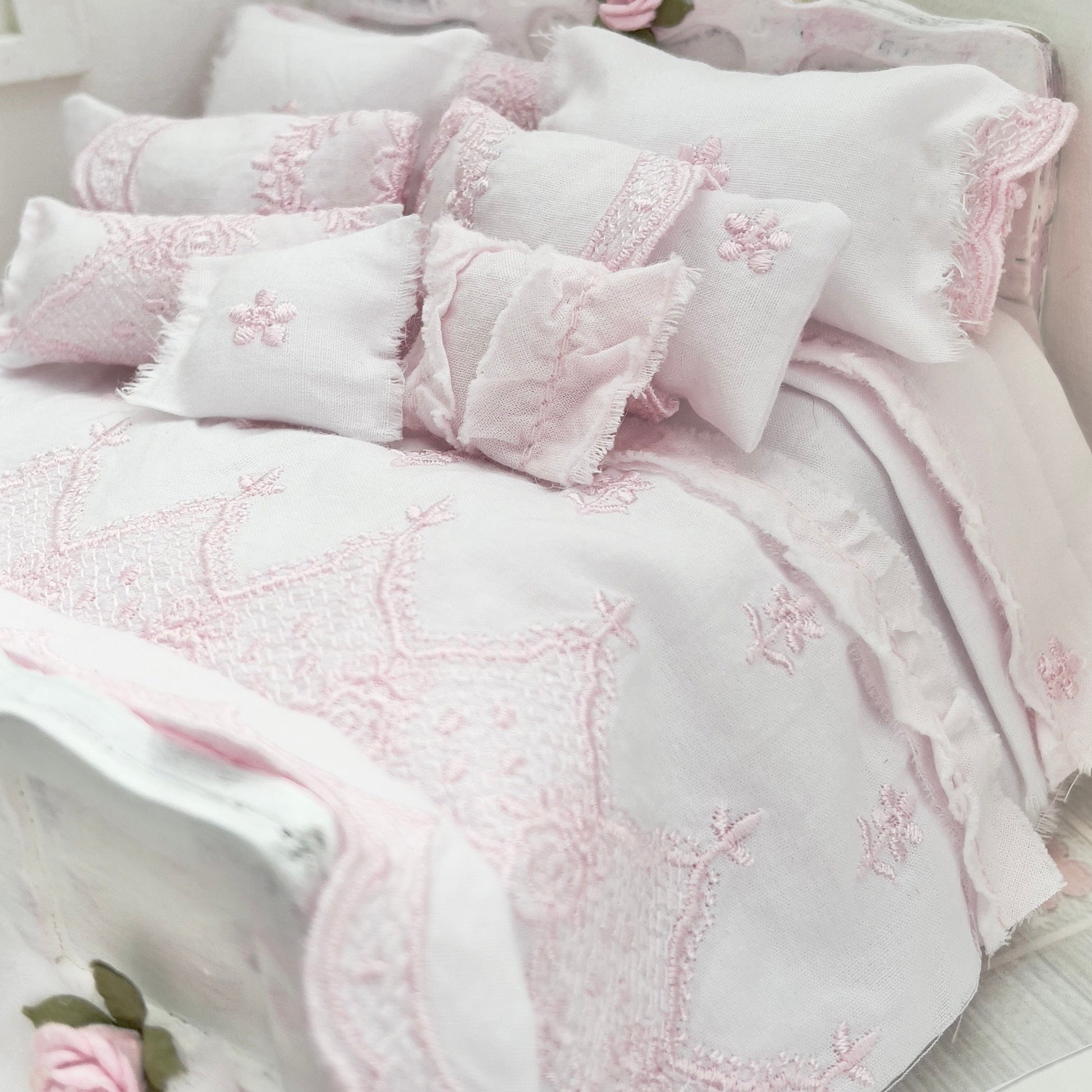 Chantallena Doll House Dressed 1:12 Scale Bed | Pink Wooden Bed with Pink Embroidered Cotton Bedding Set | Cherie