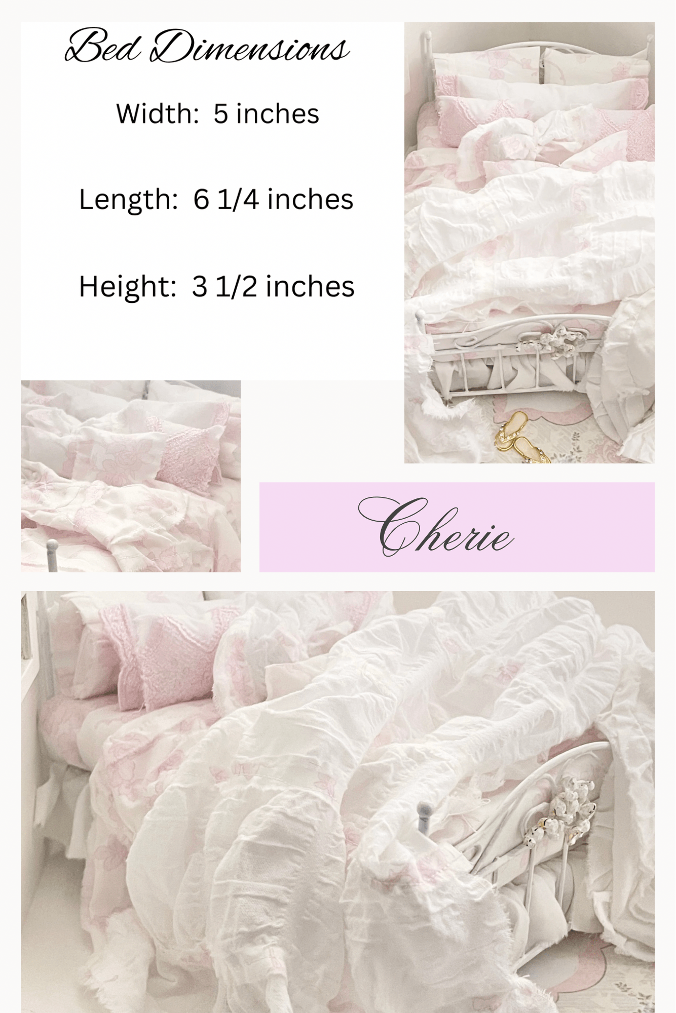 Chantallena Doll House Dressed 1:12 Scale Bed | Pink Wooden Bed with Pink Embroidered Cotton Bedding Set | Cherie