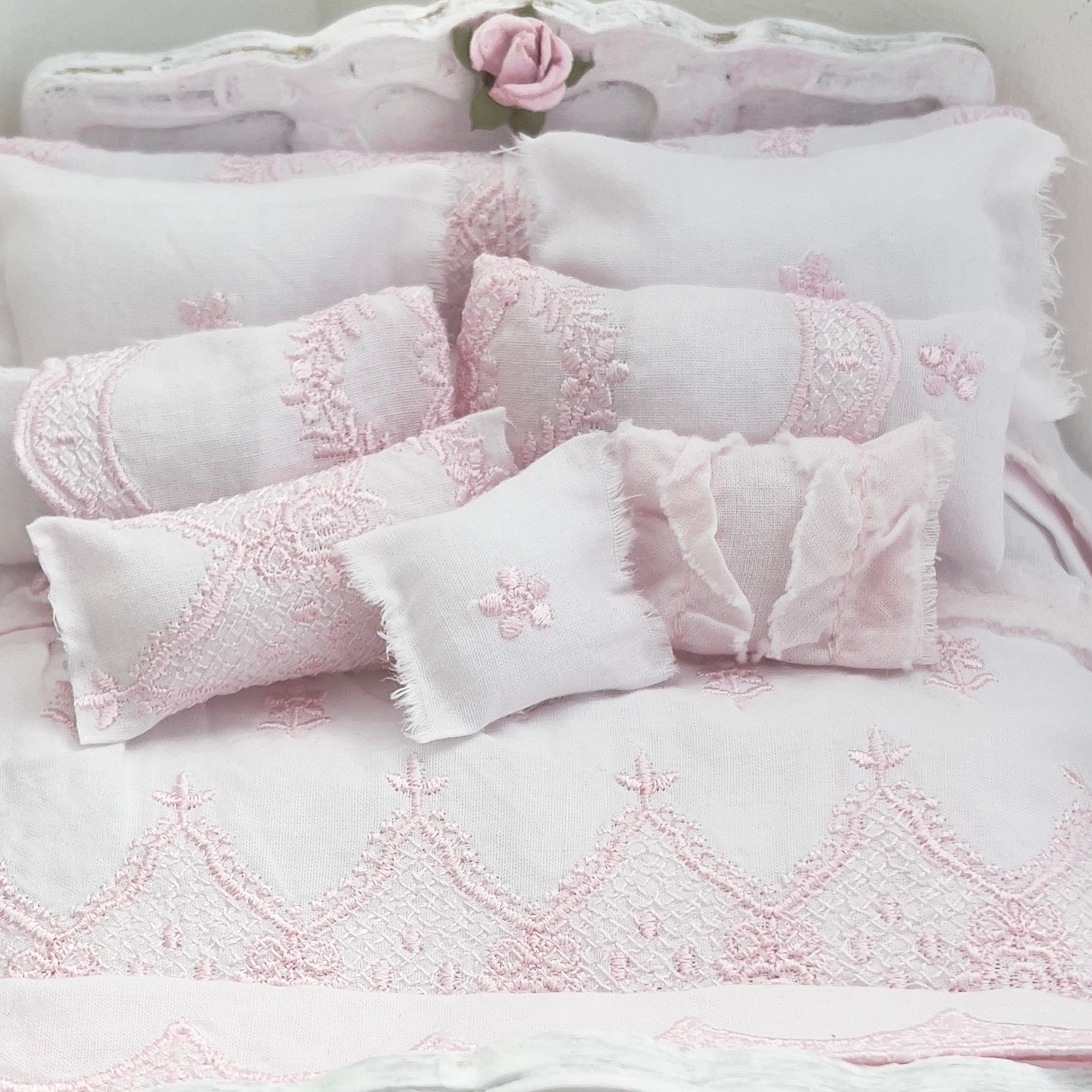 Chantallena Doll House Dressed 1:12 Scale Bed | Pink Wooden Bed with Pink Embroidered Cotton Bedding Set | Cherie