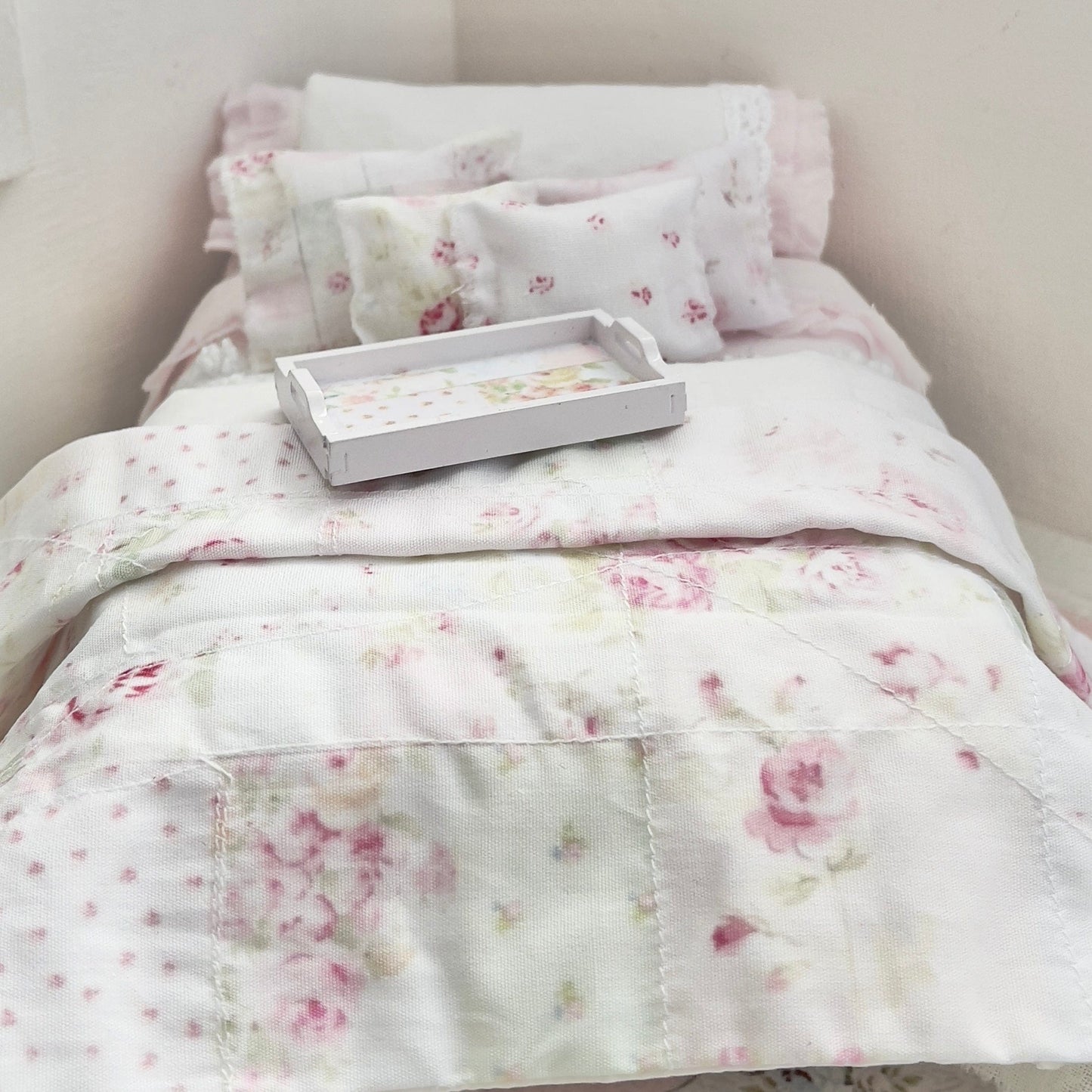 Chantallena Doll House Dressed 1:12 Scale Bed | Pink Wooden Cot with Pink Cotton Bedding Set | June