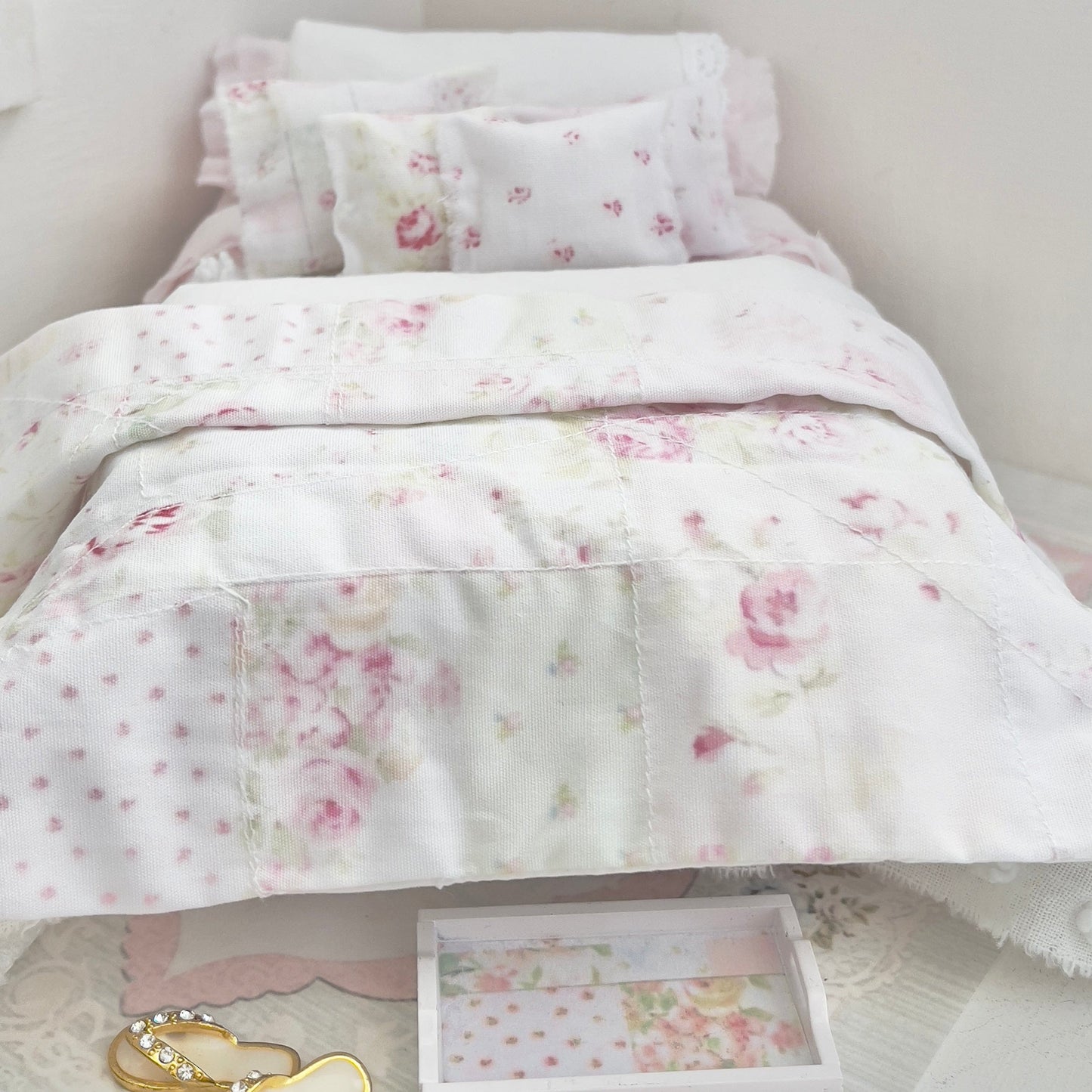 Chantallena Doll House Dressed 1:12 Scale Bed | Pink Wooden Cot with Pink Cotton Bedding Set | June